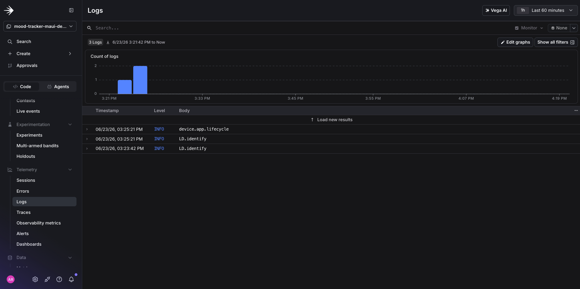 The LaunchDarkly observability view listing logs and errors from an Android app, attributed to the service name set during initialization.