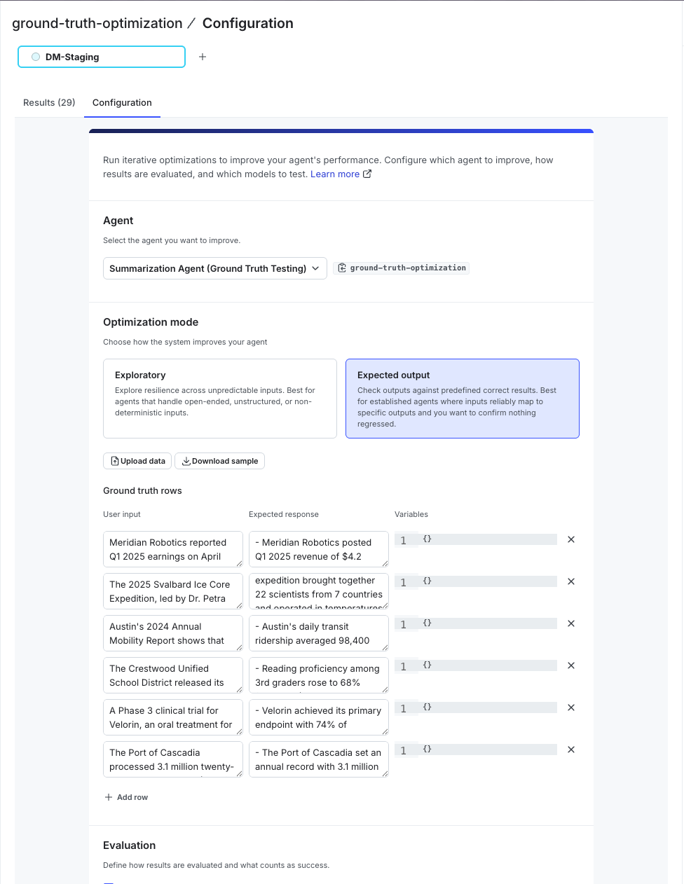 The ground truth mode input configuration in the LaunchDarkly UI, showing paired rows of user inputs, expected responses, and variable values.