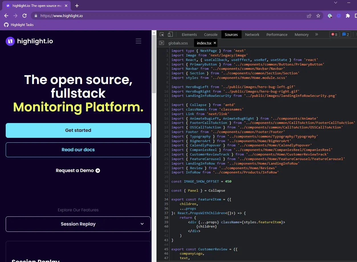 Unobfuscated source code on LaunchDarkly visible in the browser with public source maps.