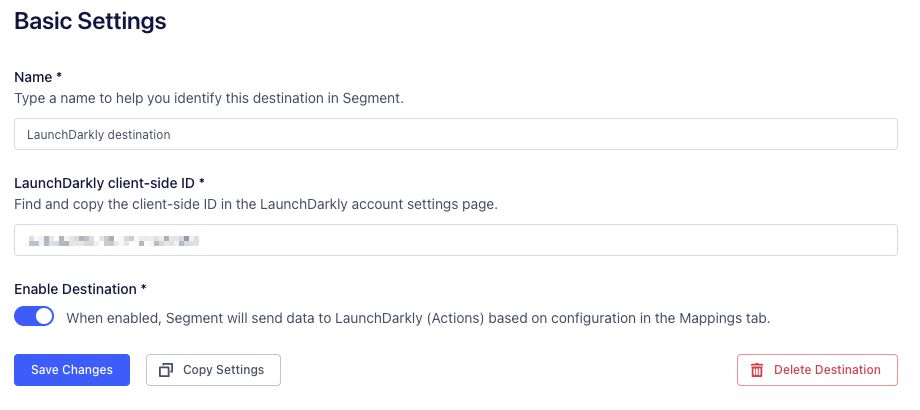 The LaunchDarkly (Actions) Basic Settings form in Twilio Segment.