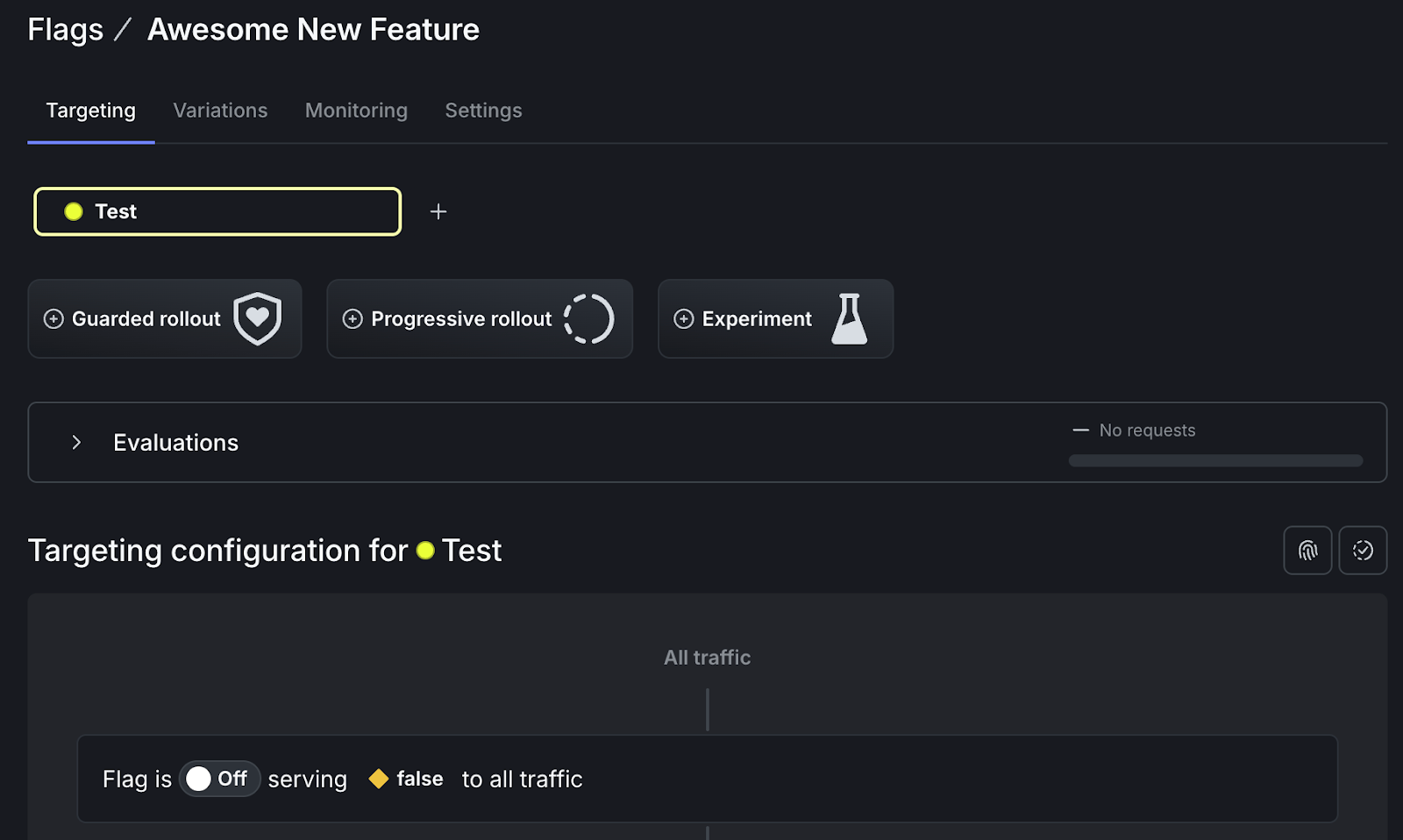 Flag configuration in the LaunchDarkly UI. The flag is Off, serving false to all users in the Test environment.