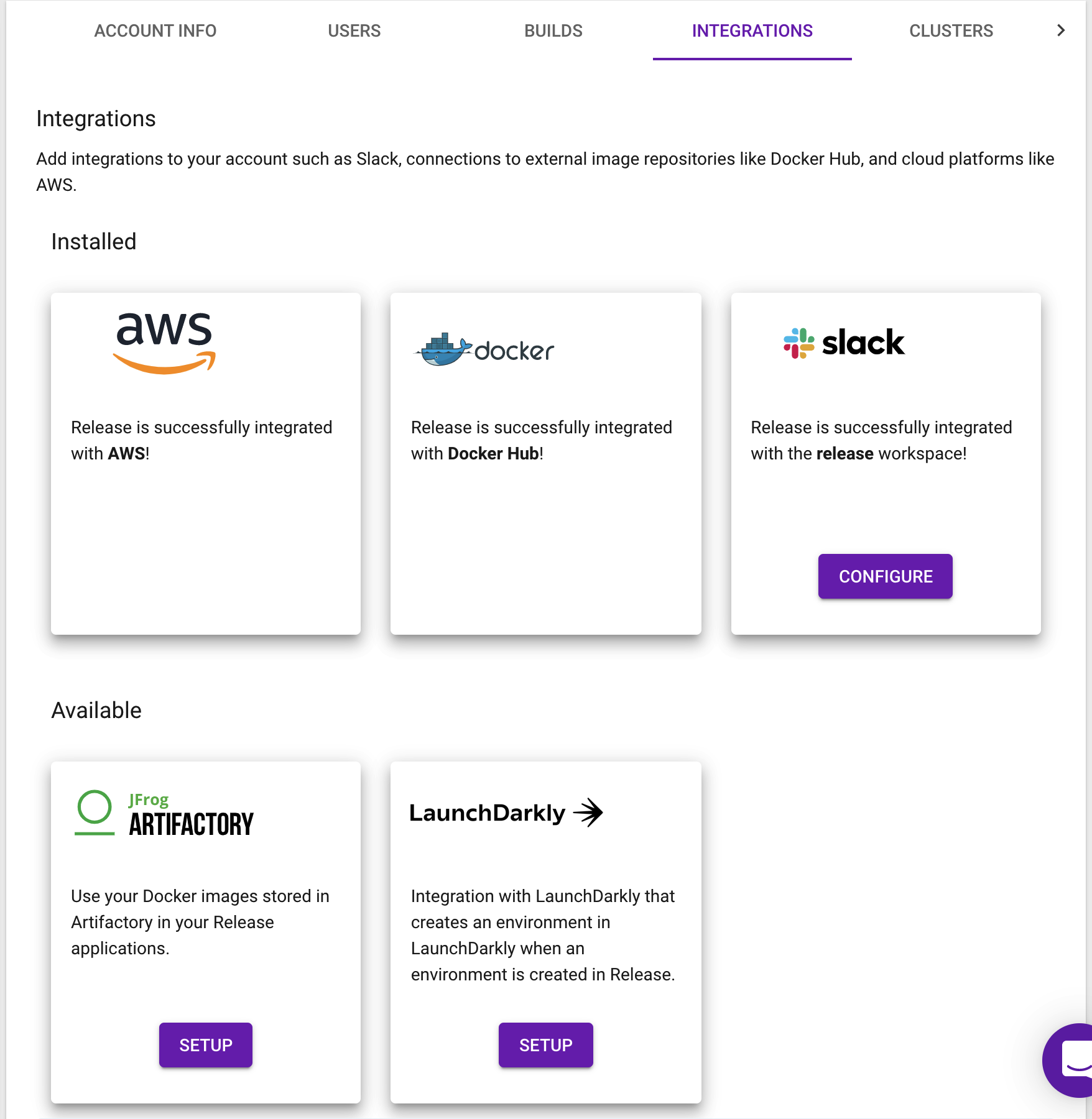 The Integrations menu.