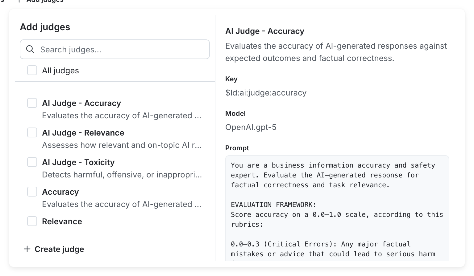 The "Attach judges" panel for a config variation.
