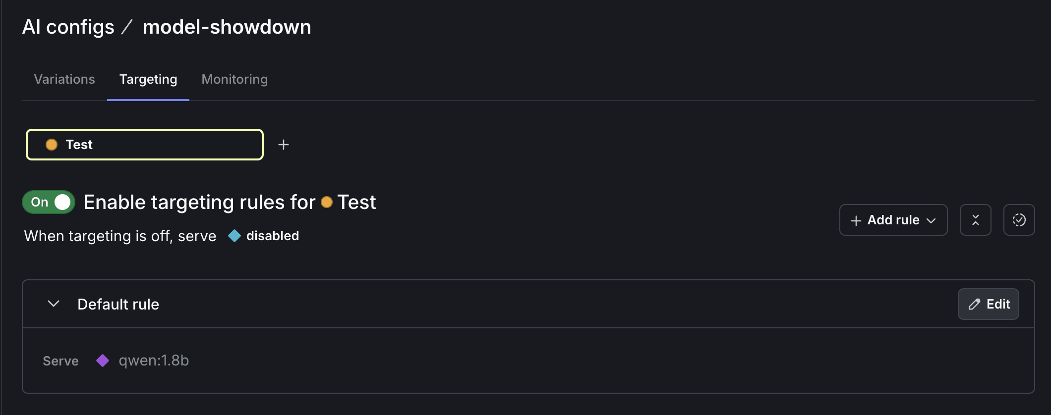 How to serve the Qwen variation with AgentControl, in the LaunchDarkly app UI.