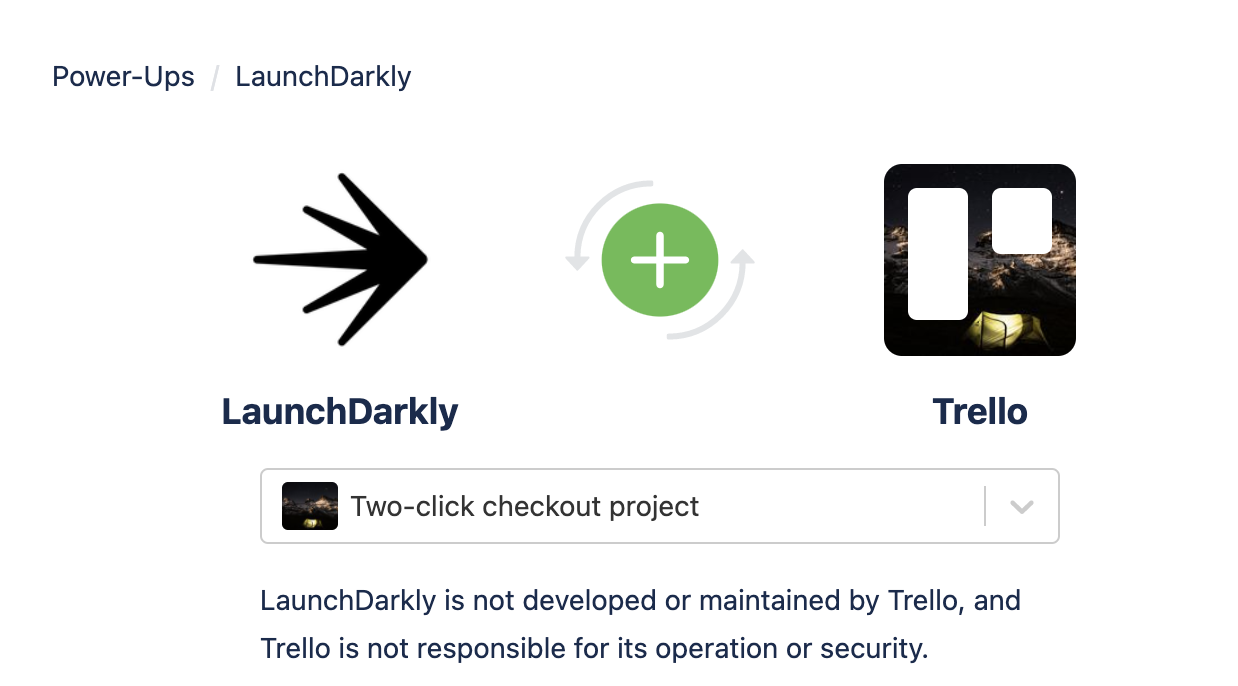 The LaunchDarkly Power-Up screen with the "Two-click checkout project" board selected.