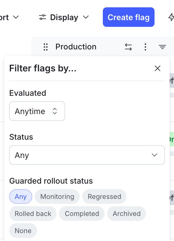 The filter menu for environment-specific flag attributes.