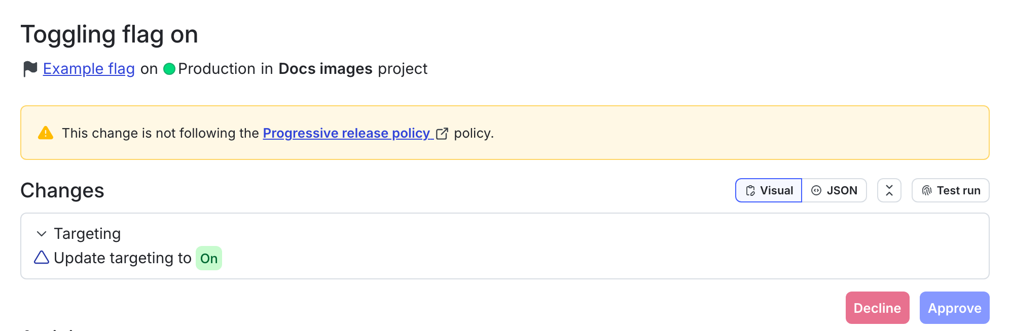 An approval request to toggle on a flag.