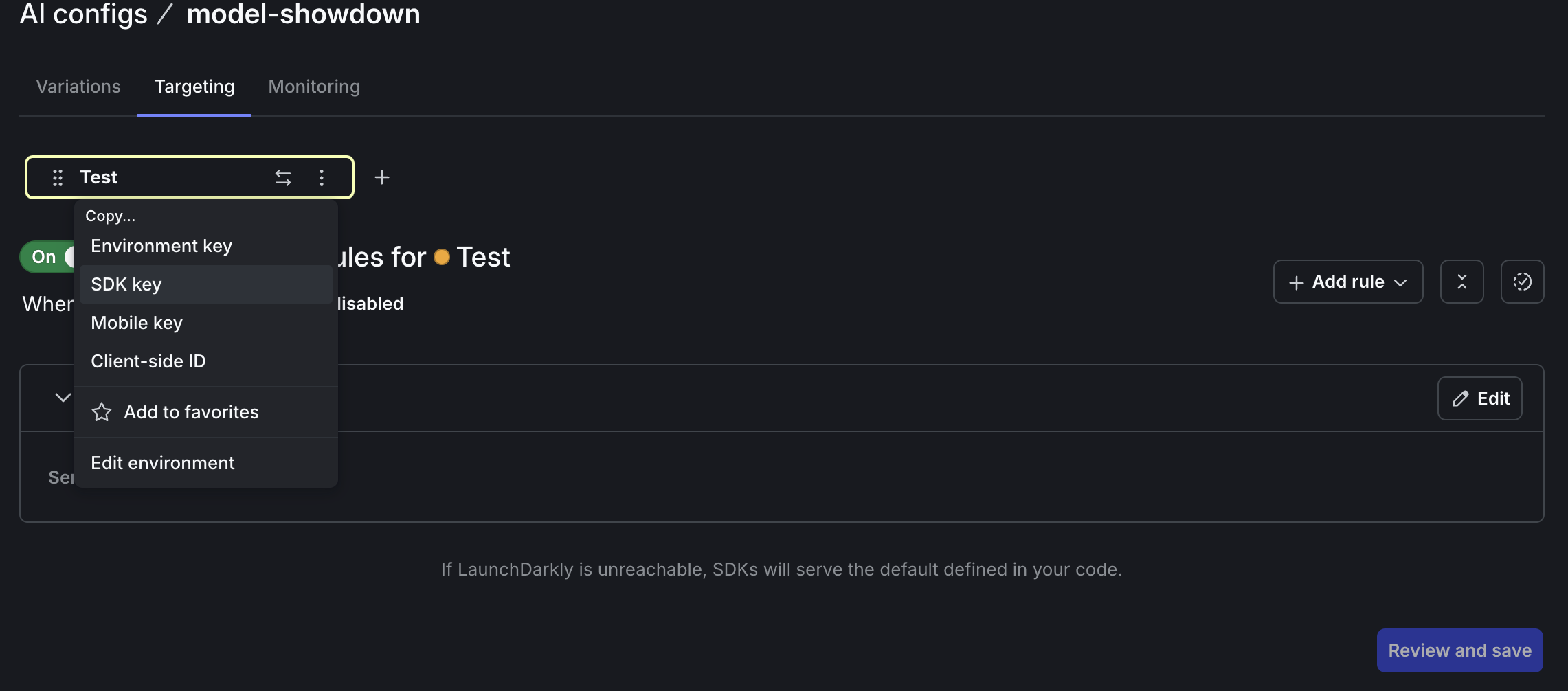 How to copy your SDK key from a project in the LaunchDarkly UI.