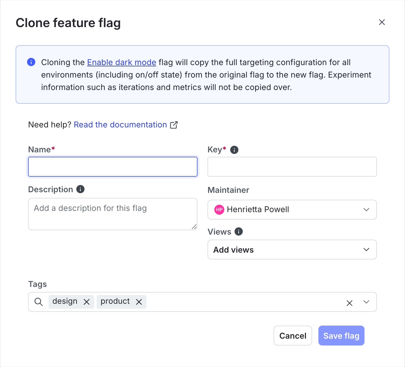 The "Clone feature flag" dialog.