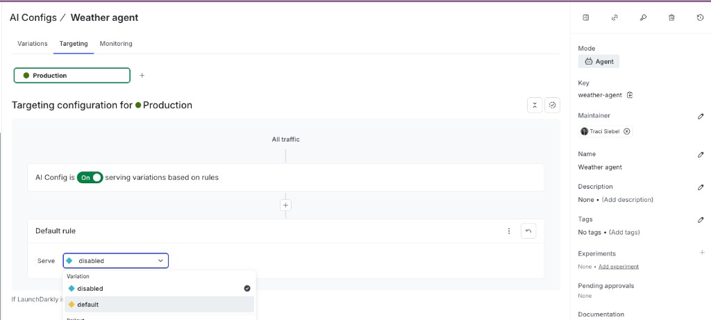 The Targeting tab for an agent-based config, showing the Default rule with the variation dropdown open.
