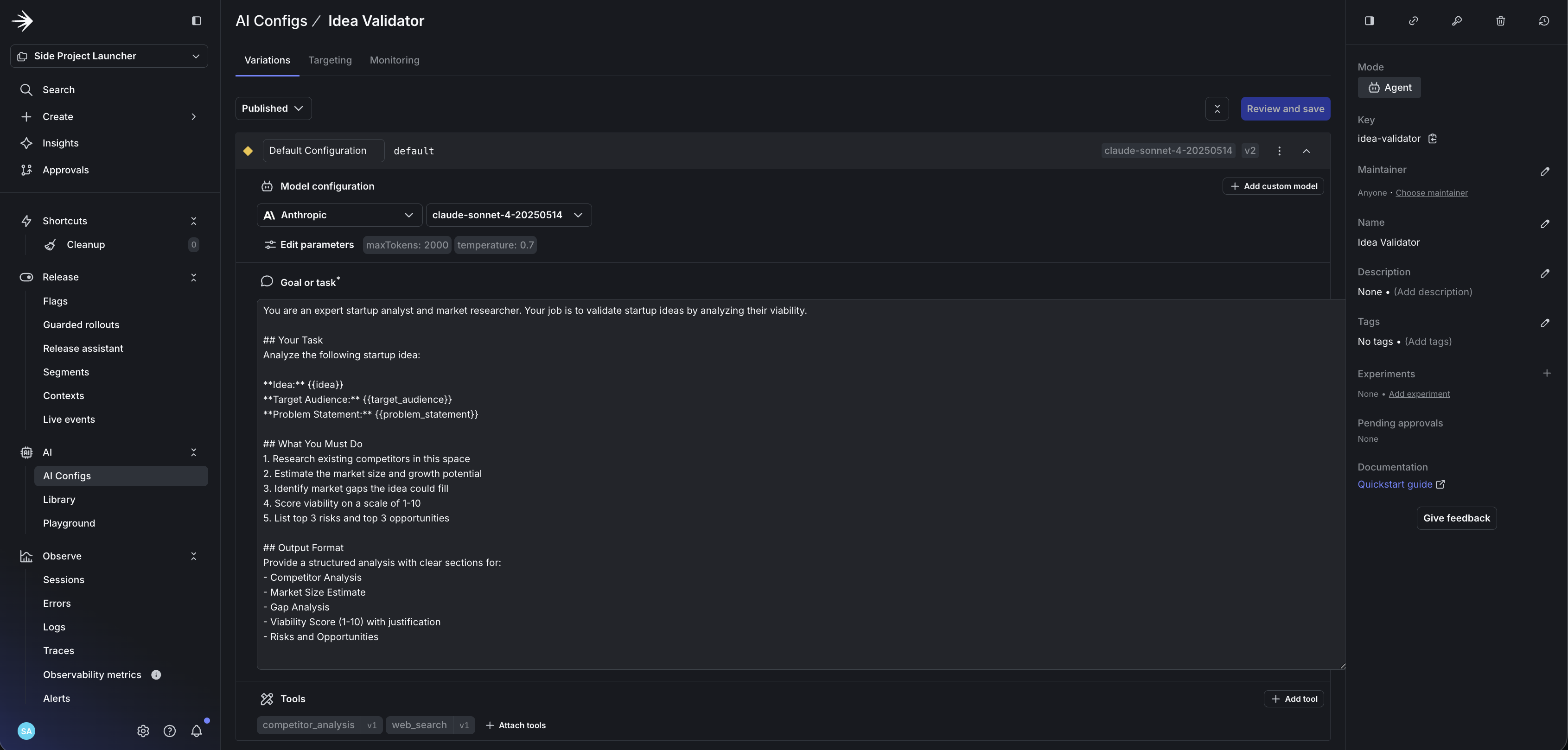 Idea validator config showing instructions, model settings, and variables