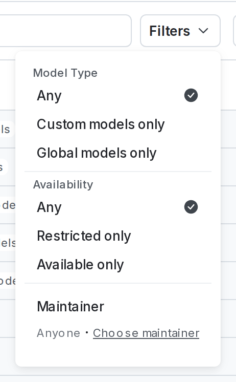 The "Filters" menu for the AI model configs list.
