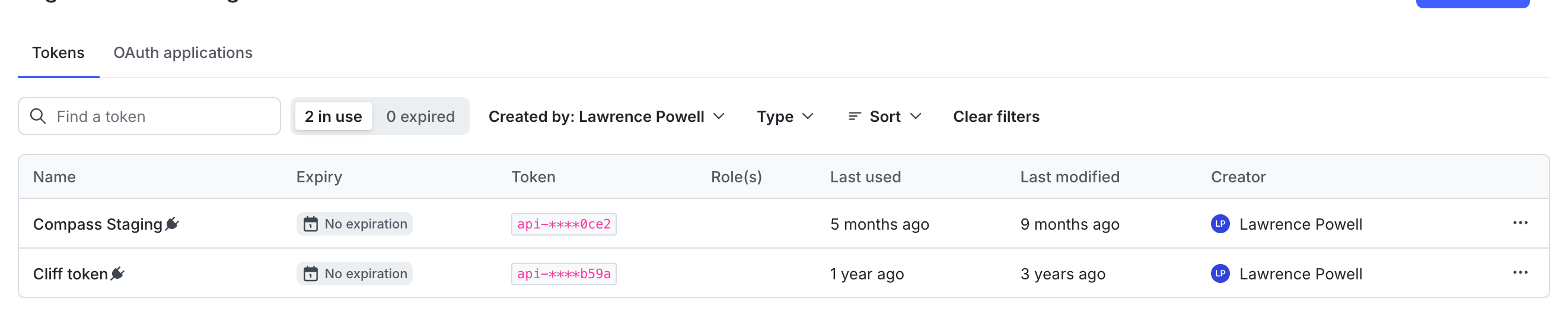 The Access tokens section of the Authorization tab.