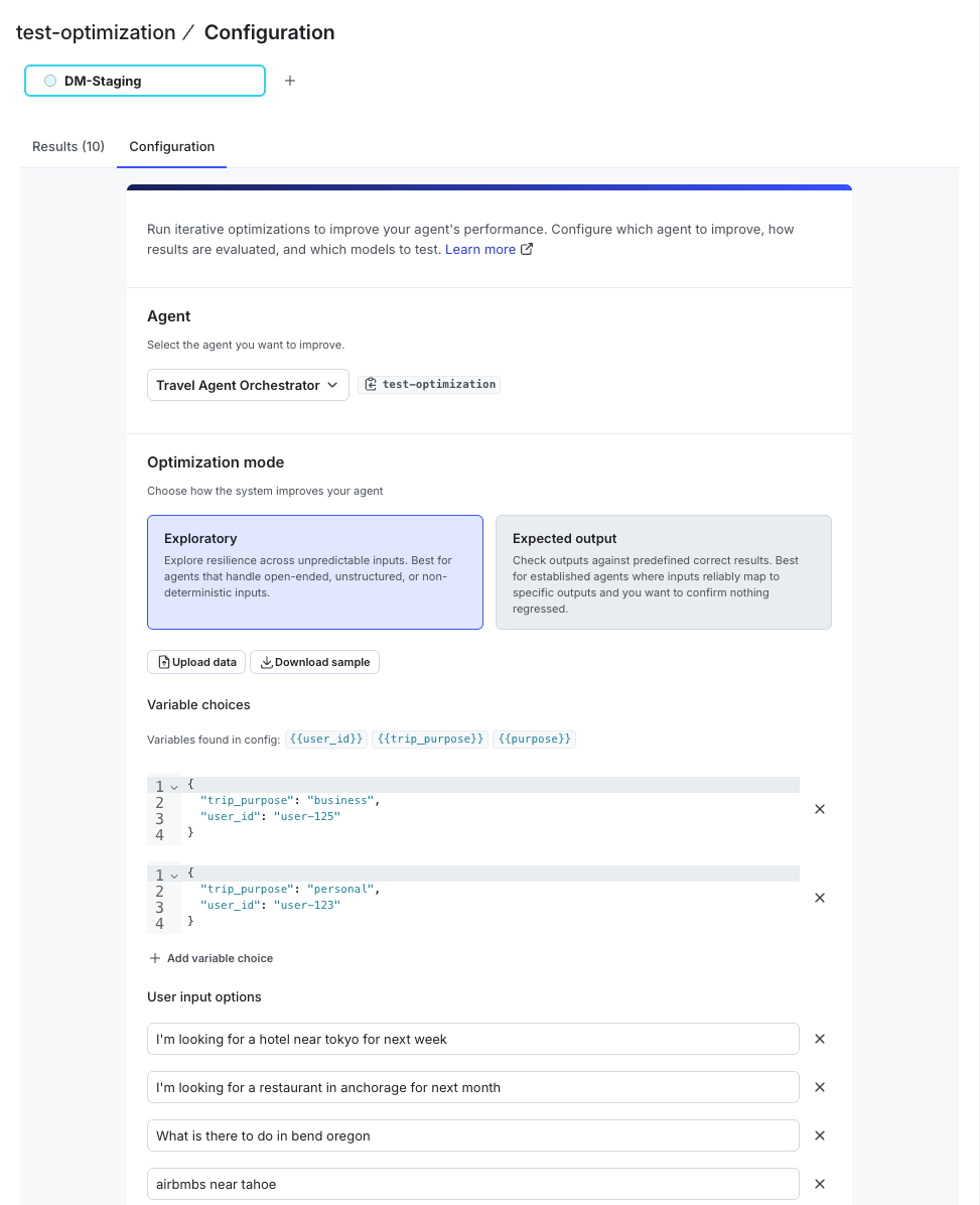 The exploratory mode input configuration in the LaunchDarkly UI, showing separate lists of user inputs and variable choices.
