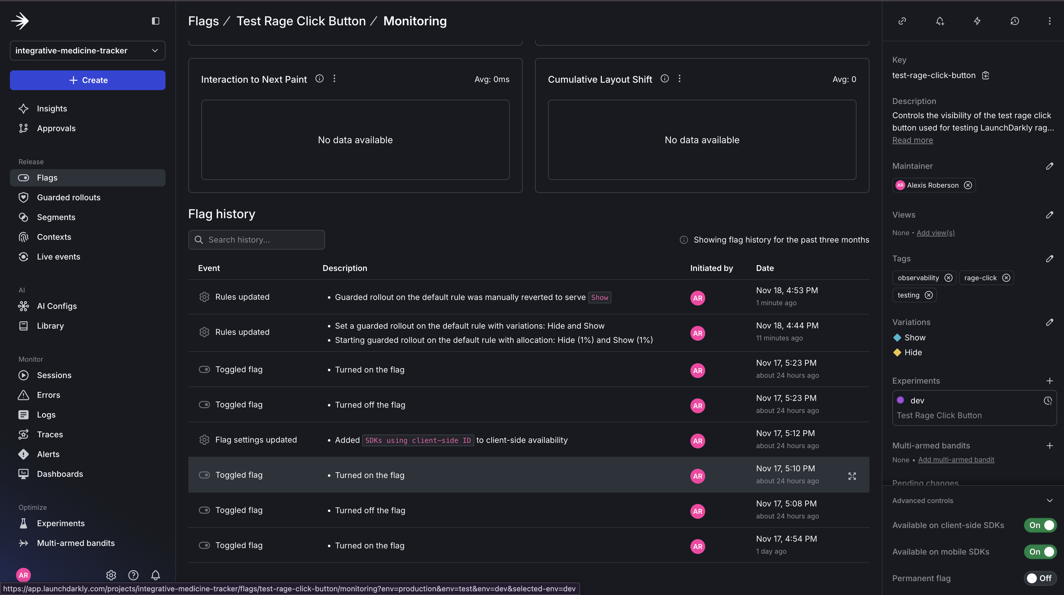 Dashboard with Guarded rollout monitoring tab with flag change history.