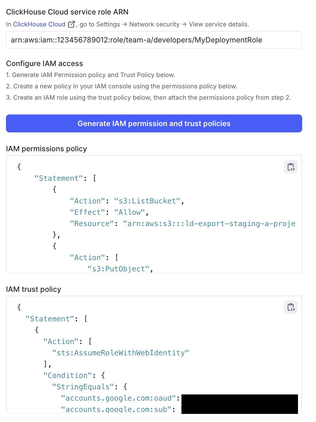 The generated IAM permission and trust policies in LaunchDarkly.