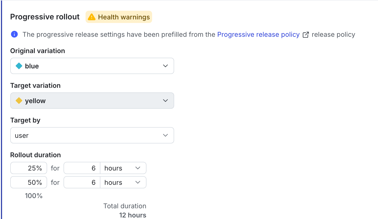 A progressive rollout configuration on a default rule.