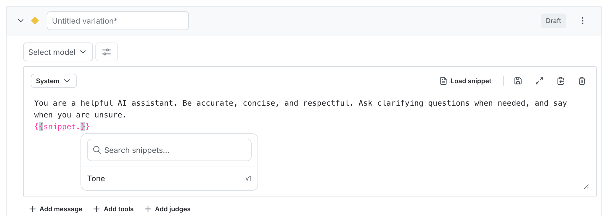 Attaching snippets to a variation in the variation editor.