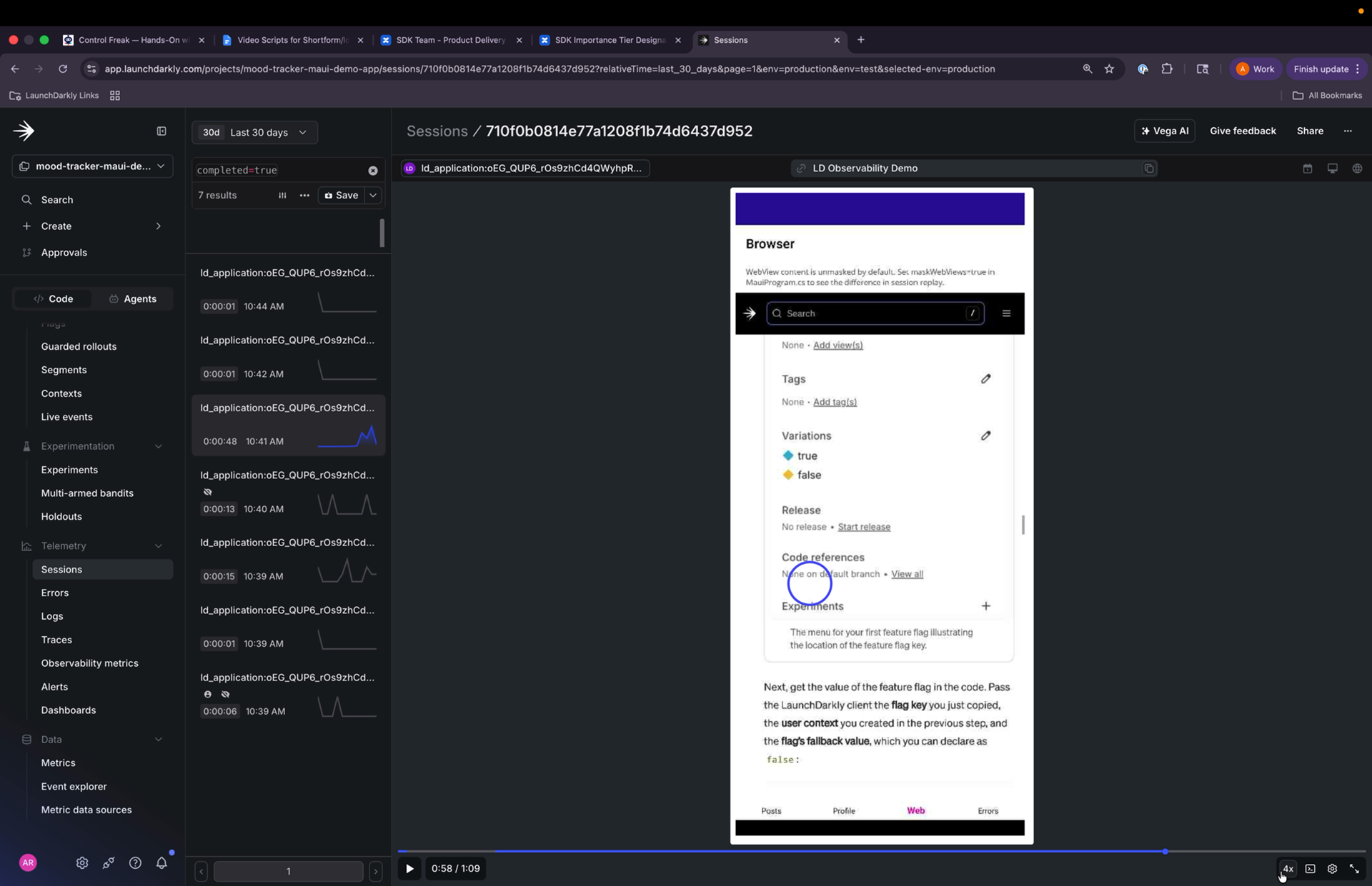 The LaunchDarkly session replay player showing a recorded MAUI session with a scrub bar and timeline.