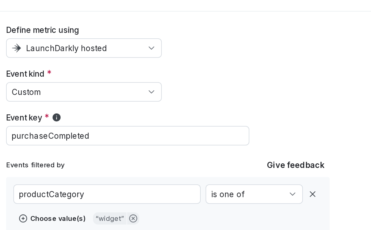 A metric definition that includes only events where the productCategory event property is set to widget.