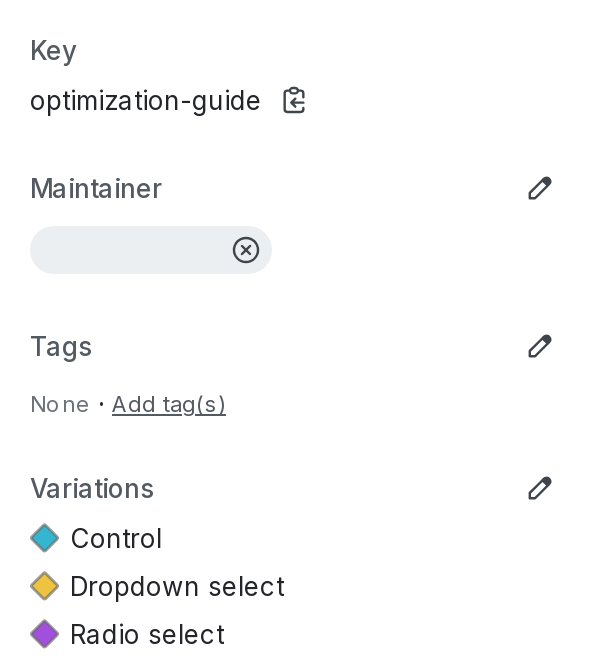 The "Variations" section of a flag's right sidebar for use in an experiment.