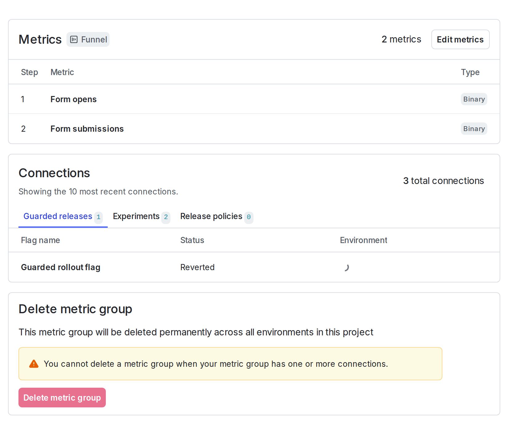 Metric group contents and connection details.