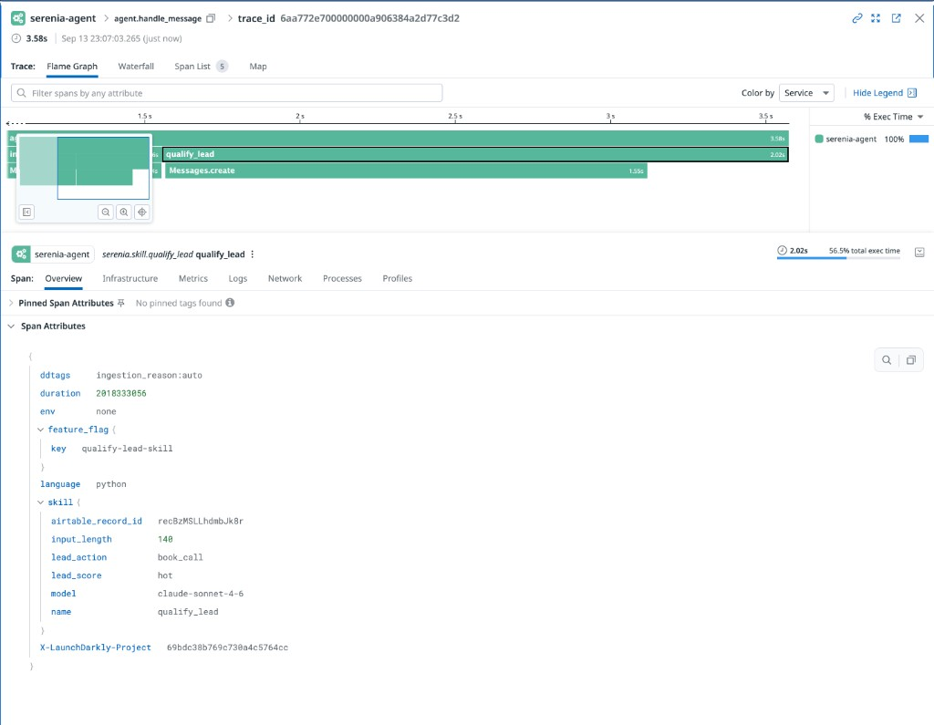 Datadog APM showing serenia-agent traces with the LaunchDarkly feature flag on the span.