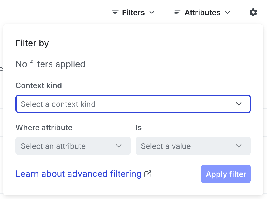 The "Filter by" dialog on the "Contexts" list.
