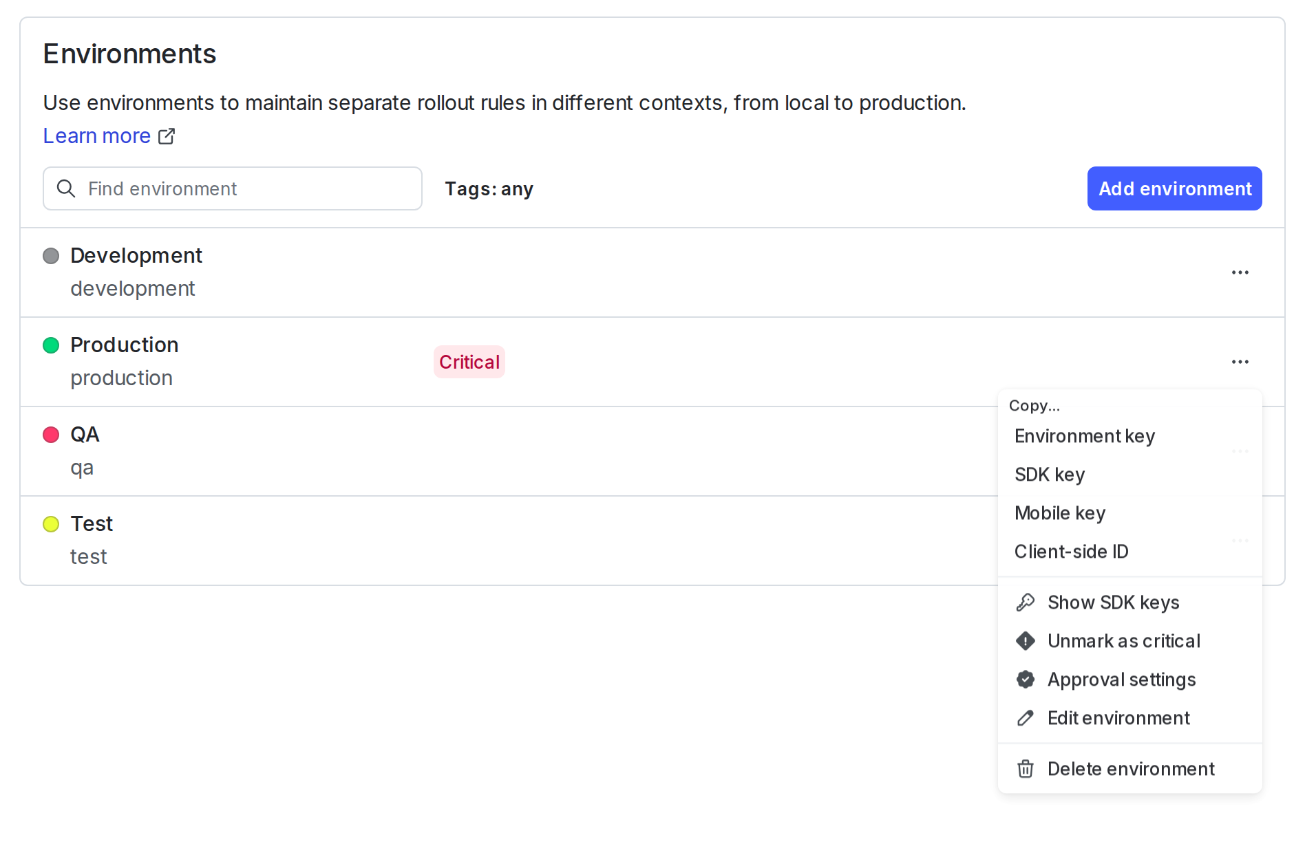 The "Environments" page in LaunchDarkly with the overflow menu for an environment displayed.
