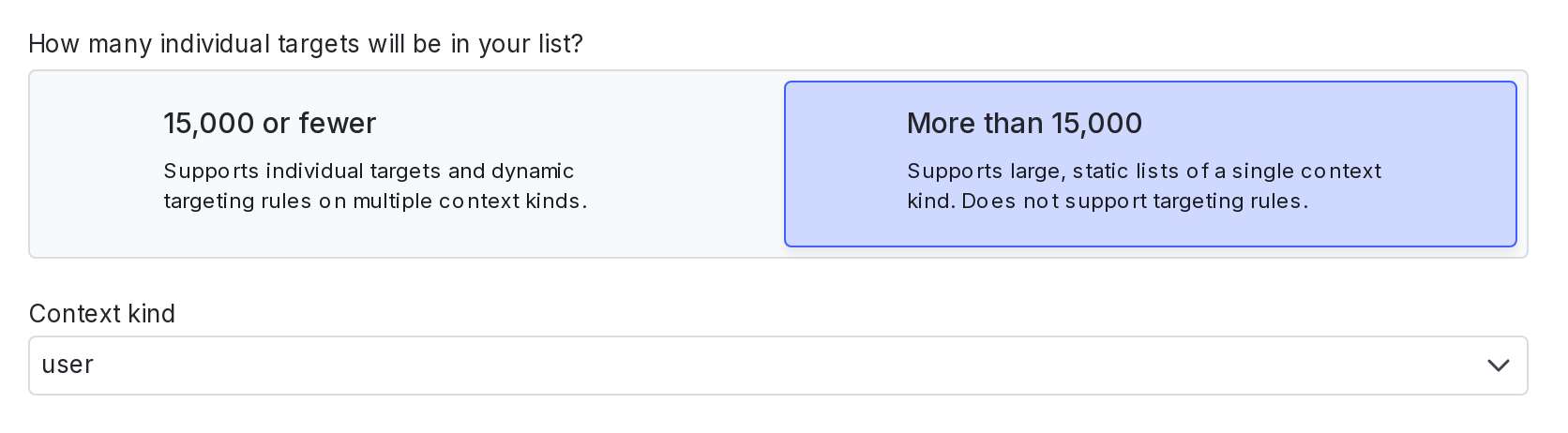The list-based segment size selector in the segment creation dialog.