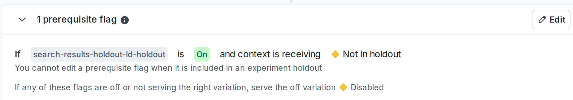 An experiment's flag's details page with a holdout prerequisite.