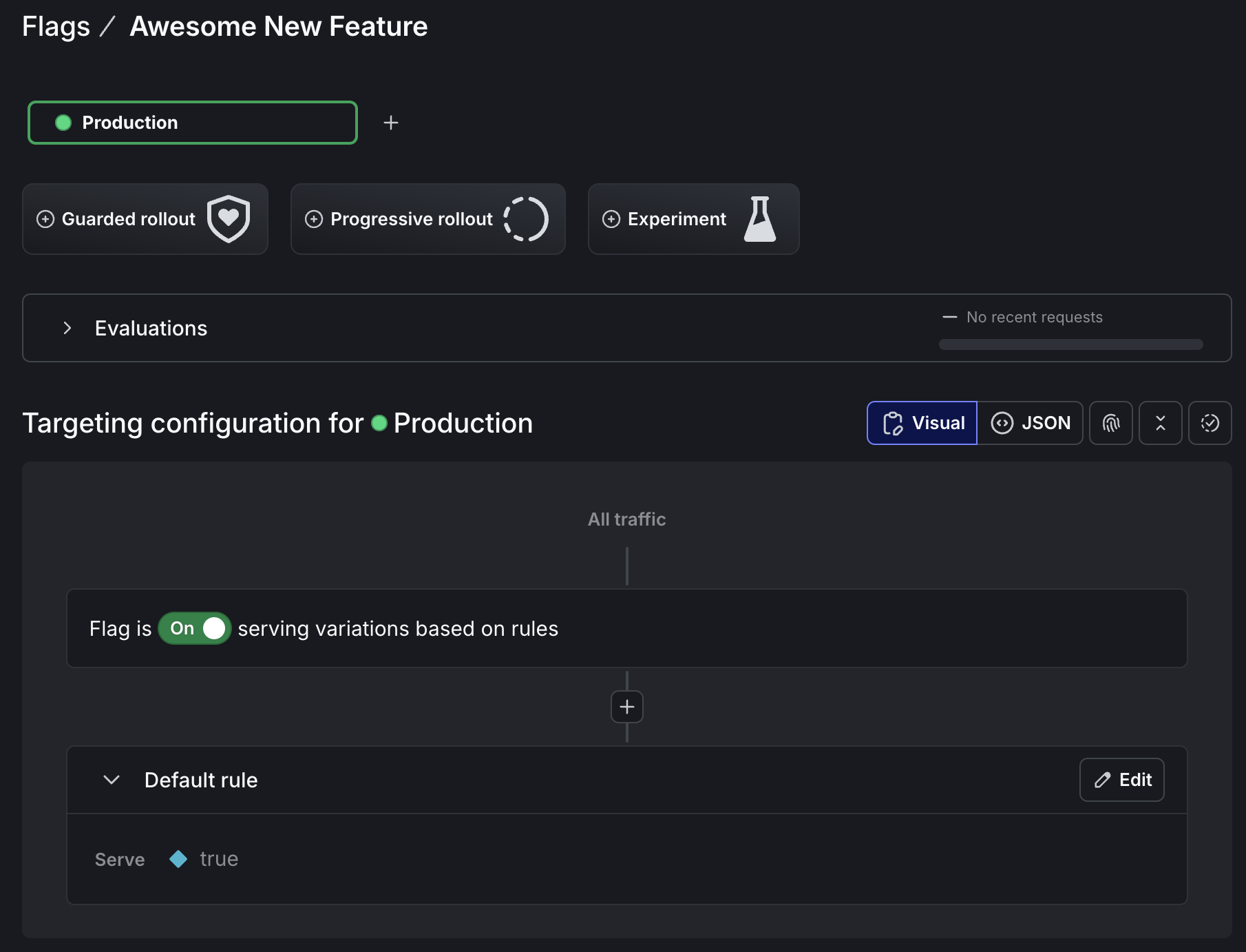 Flag configuration in the LaunchDarkly UI. The flag is On, serving true to all users in the Production environment.