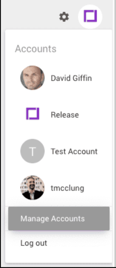 The Accounts menu with "Manage Accounts" selected.