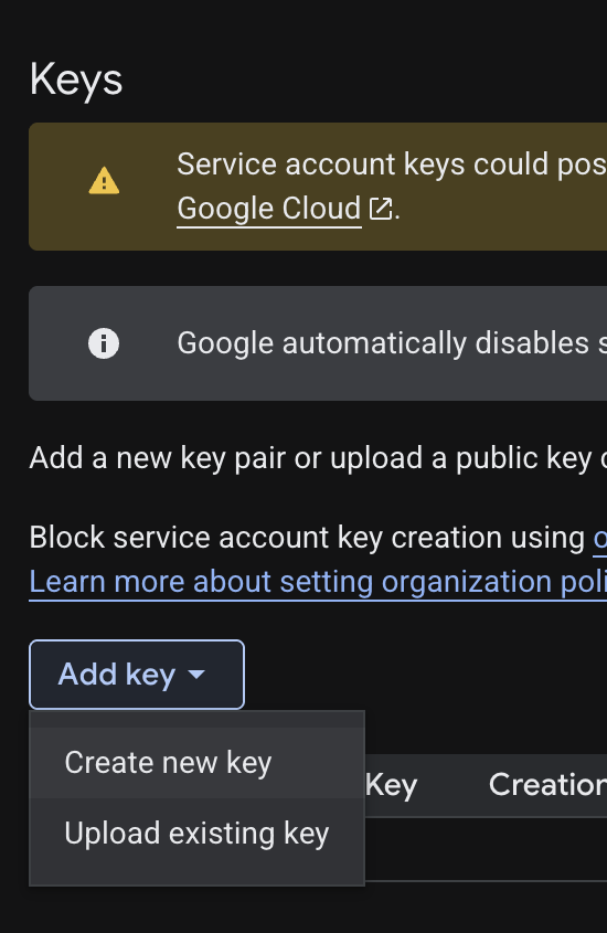 The "Add key" menu in BigQuery.