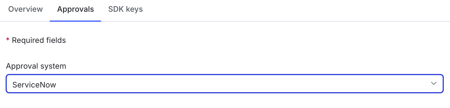 LaunchDarkly environment approval settings with ServiceNow configured.