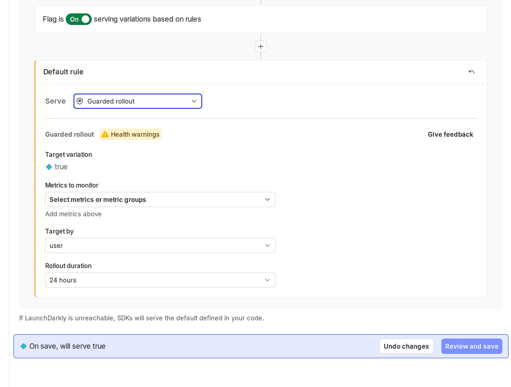 The guarded rollout configuration options in the "Targeting" tab.