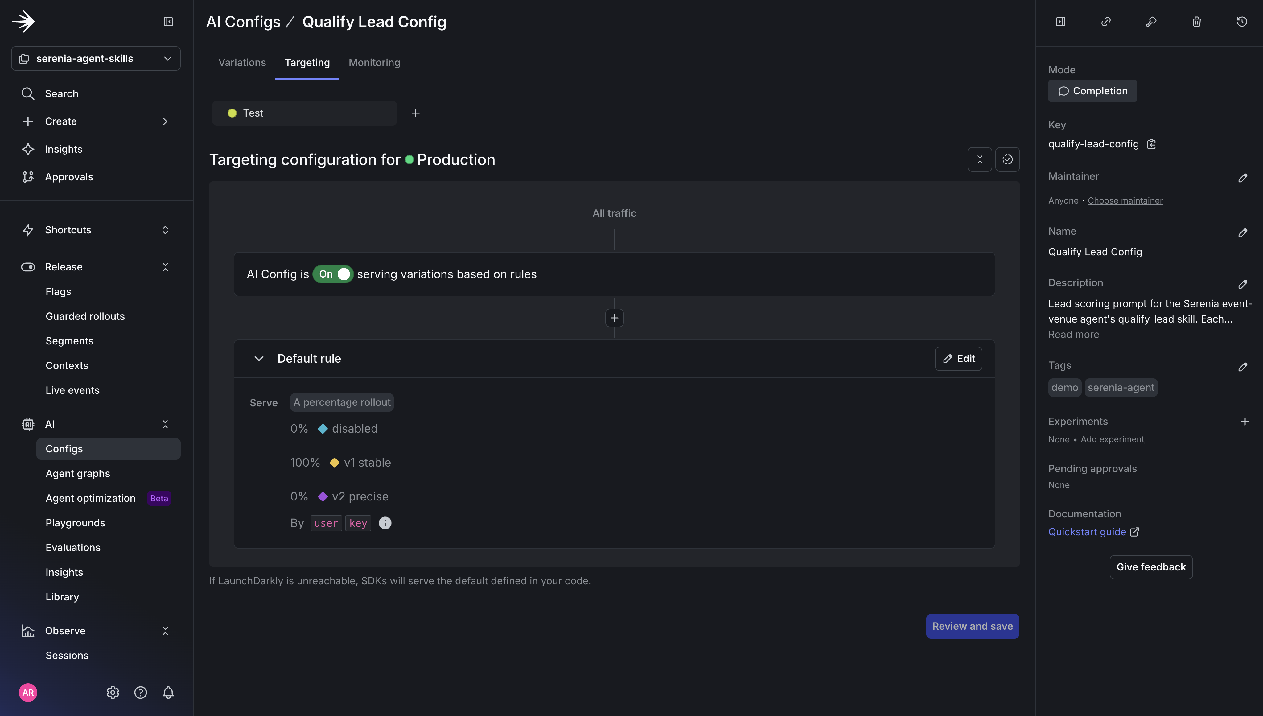 Initial percentage rollout with v1 stable at 100% and v2 precise at 0%.