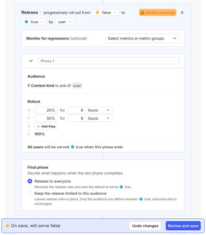 The release configuration panel showing rollout steps, audience targeting, and final phase options for an audience-based release.