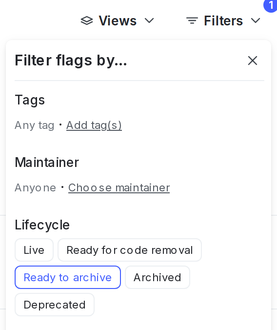 The project-level Filters menu, with "Ready to archive" selected.