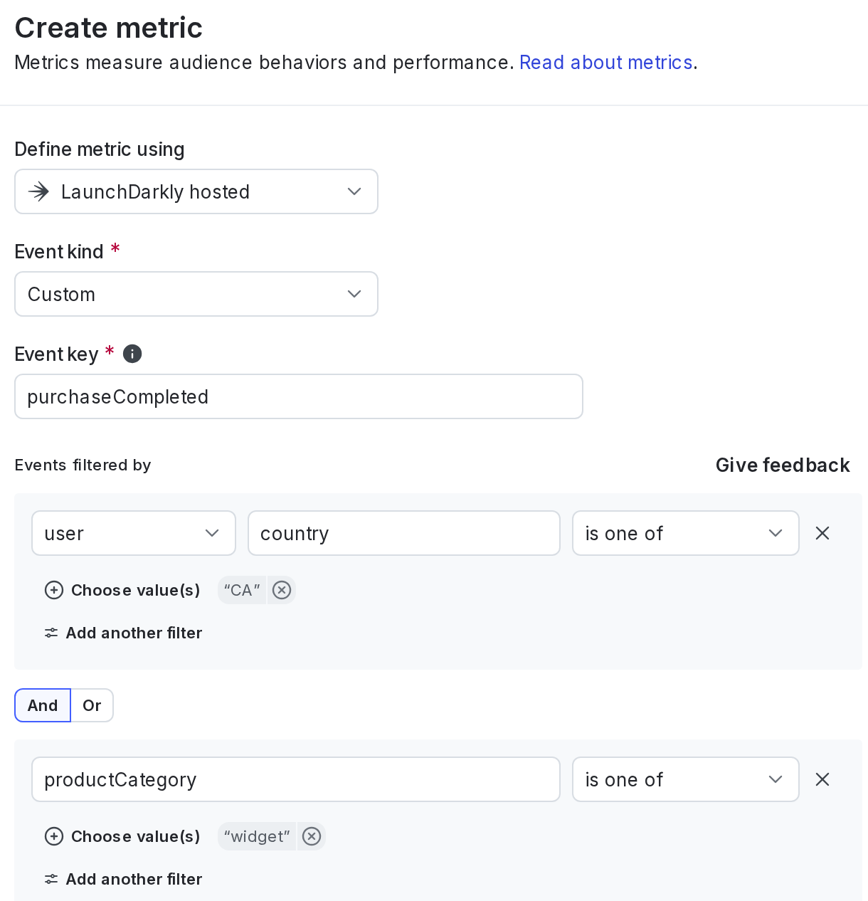 A metric definition that includes only events from contexts of kind user where the country is CA and the productCategory event property equals widget.