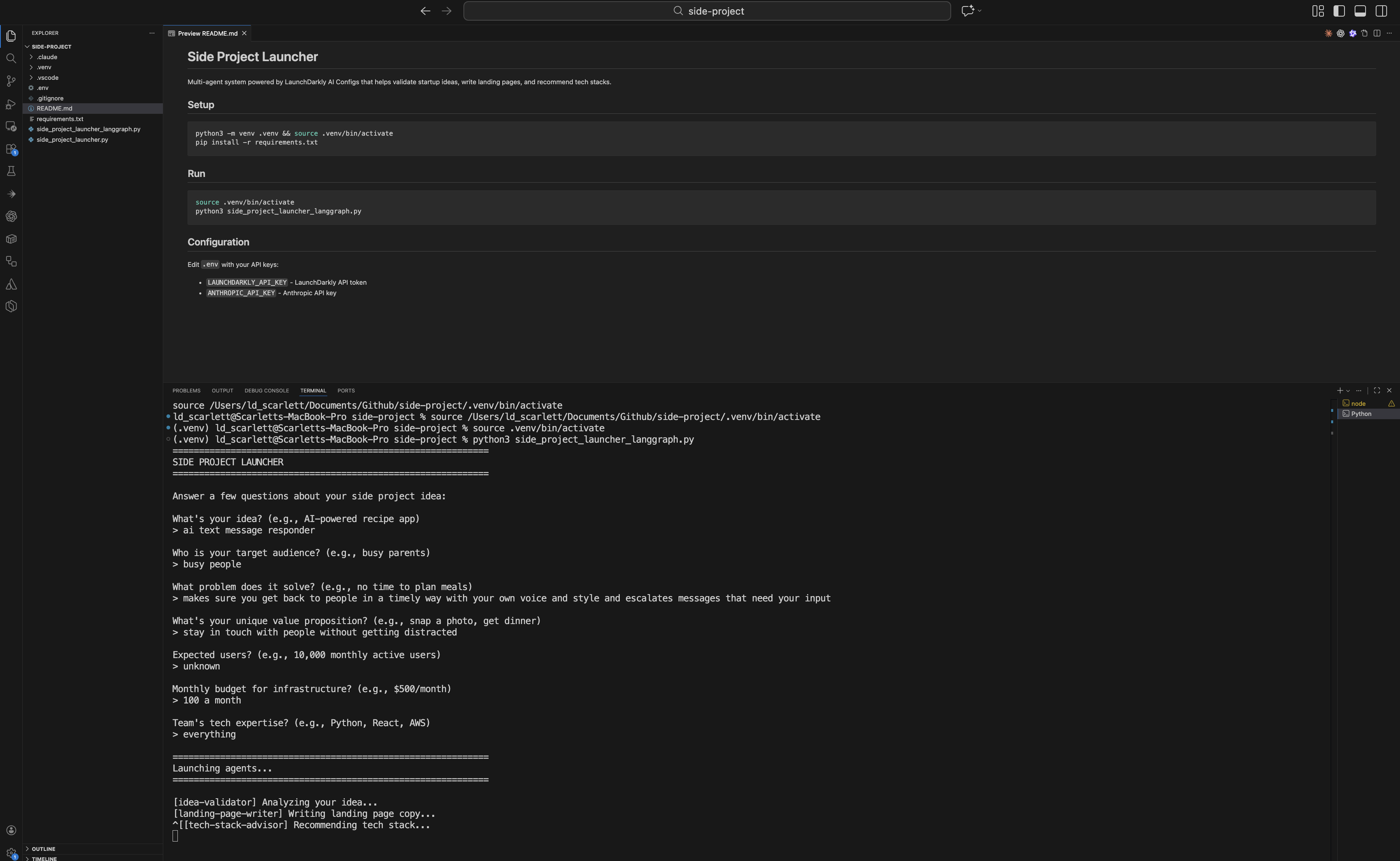 Terminal prompts asking for idea, target audience, problem statement, and tech requirements