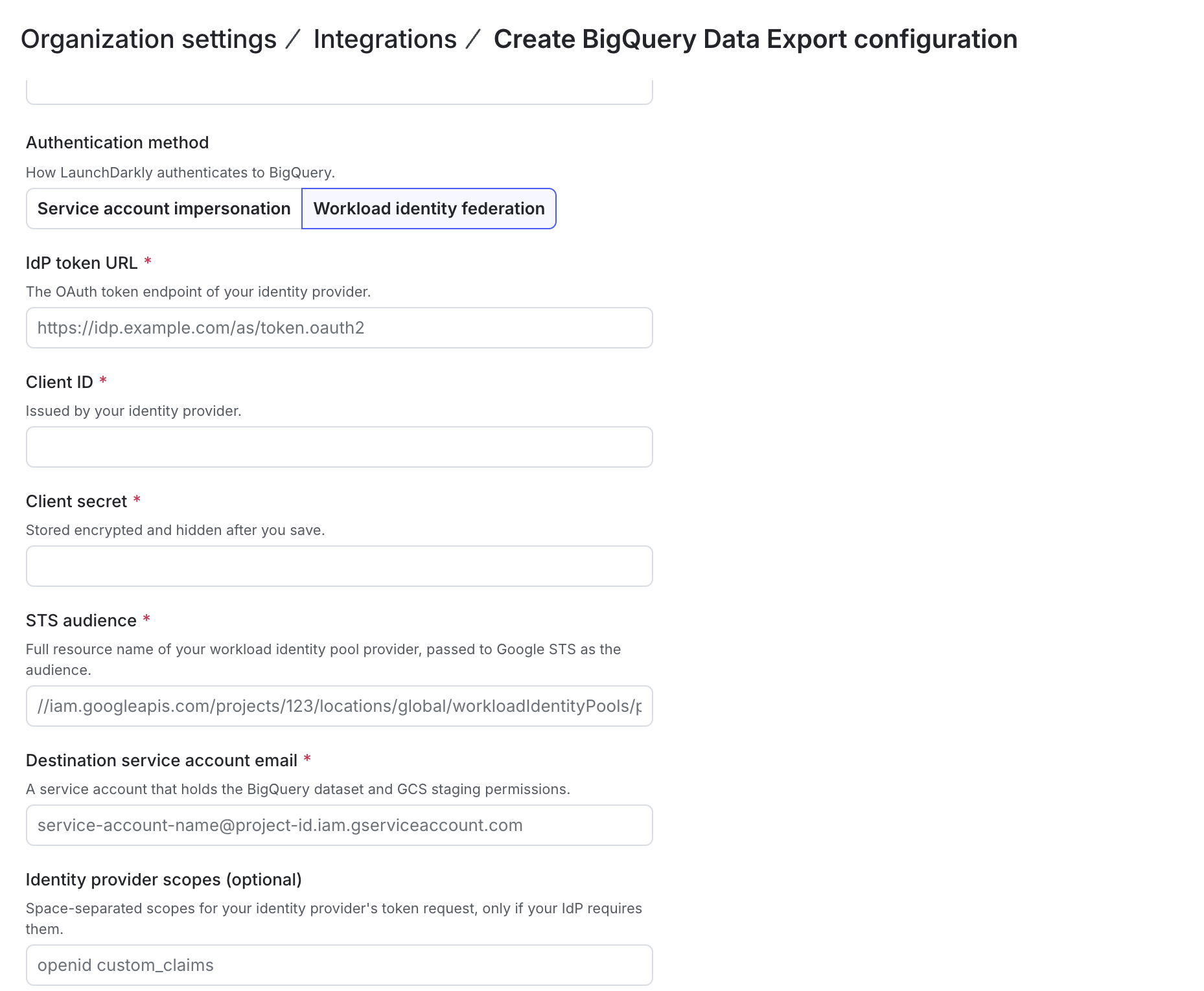 The BigQuery Data Export configuration panel in LaunchDarkly, displaying the workload identity federation credential fields.