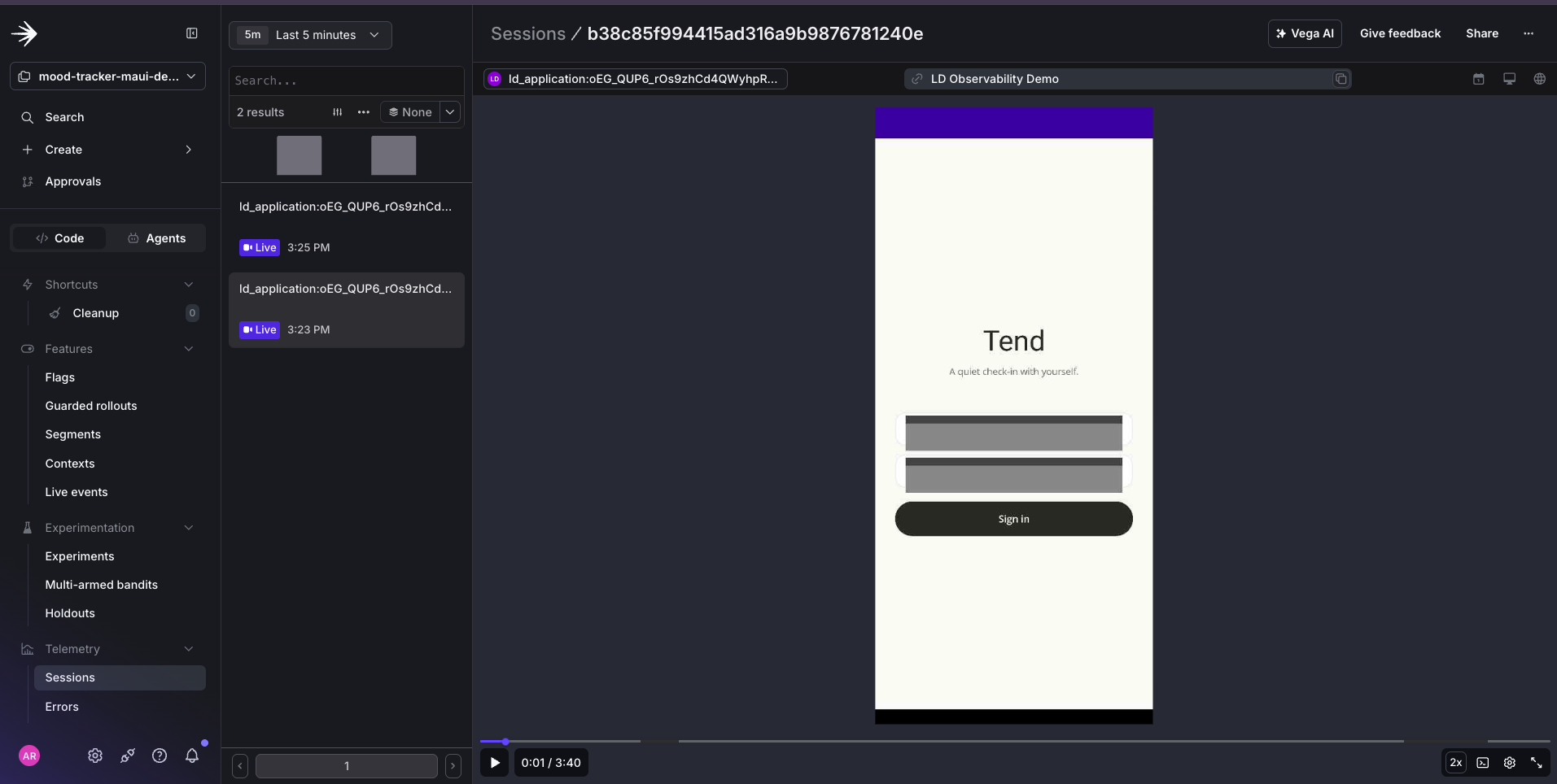 An Android session replay showing a login screen where the password field is rendered as a solid block while surrounding labels remain visible, demonstrating text-input masking.