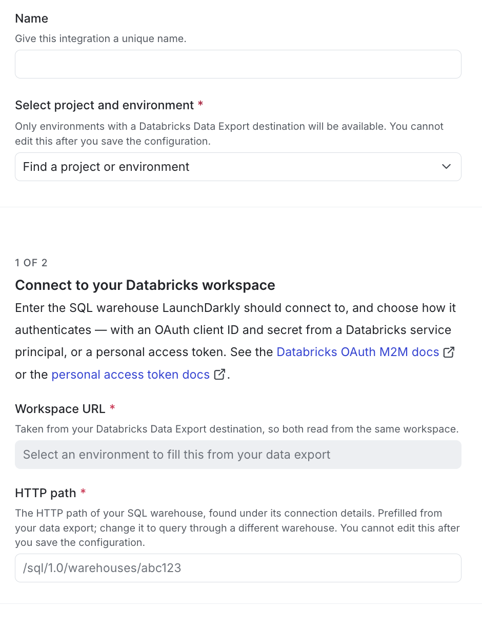 The Databricks native Experimentation create page in LaunchDarkly, with OAuth M2M selected.