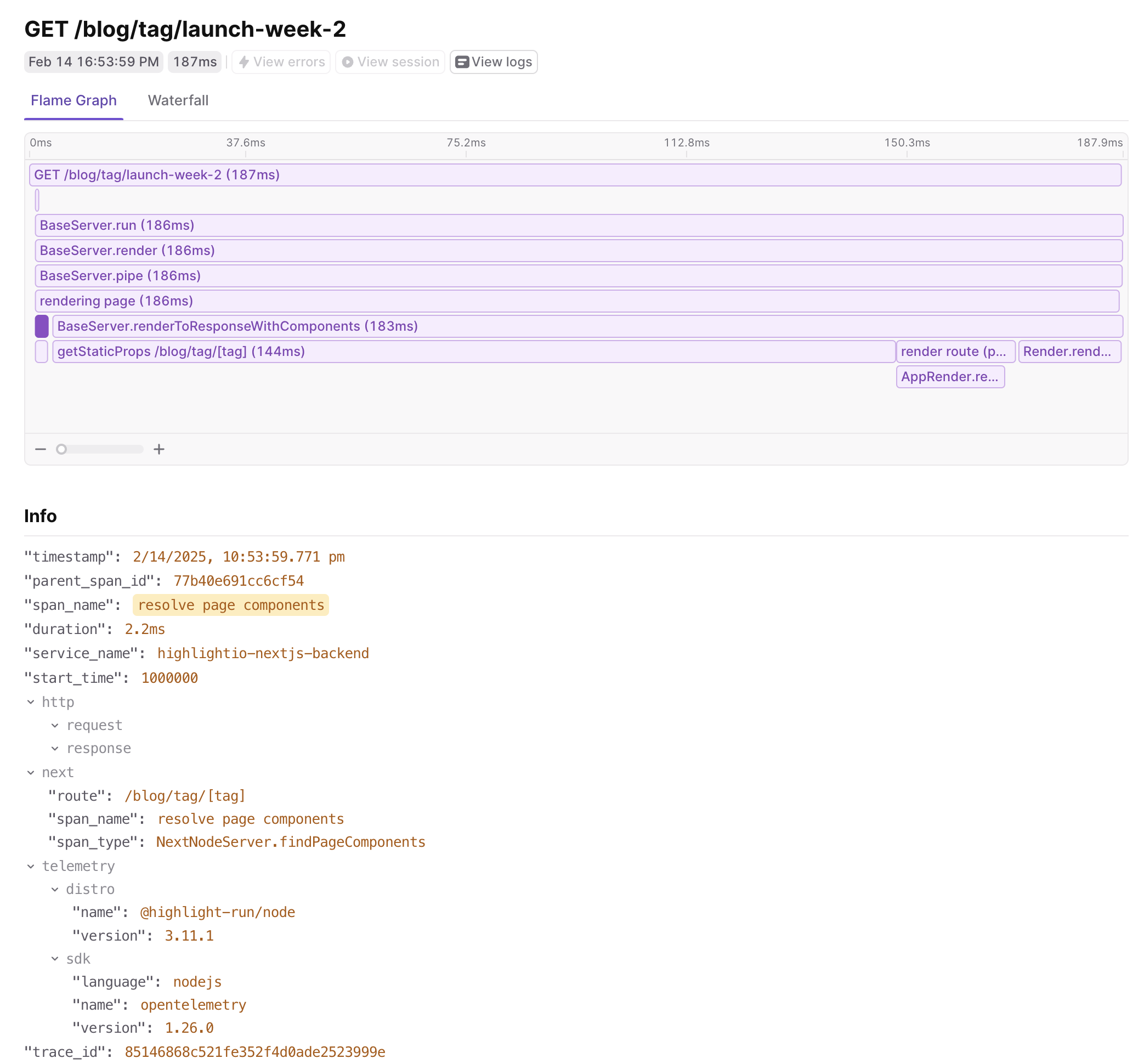 Flame graph visualization of the same Next.js trace with verbose tracing enabled showing additional spans.