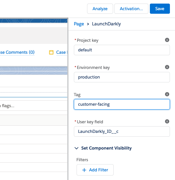 The LaunchDarkly component on the Lightning App Builder page, configured with sample settings.