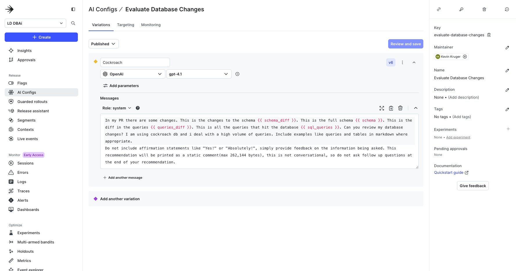 Screenshot showing the LaunchDarkly UI for creating an AgentControl config to manage database changes.