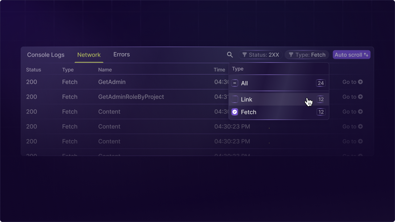Network request tab in the LaunchDarkly replay dev tools with filtering by type and status code.