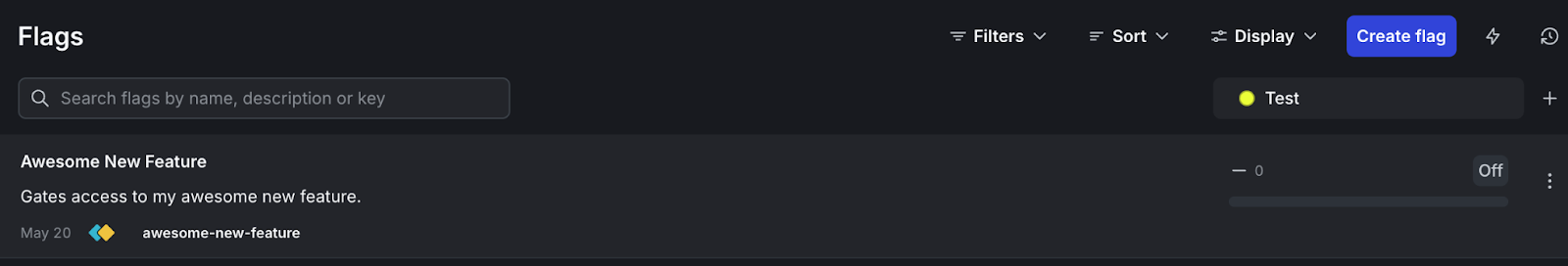 A list of feature flags in the LaunchDarkly user interface. The top flag is called Awesome New Feature.