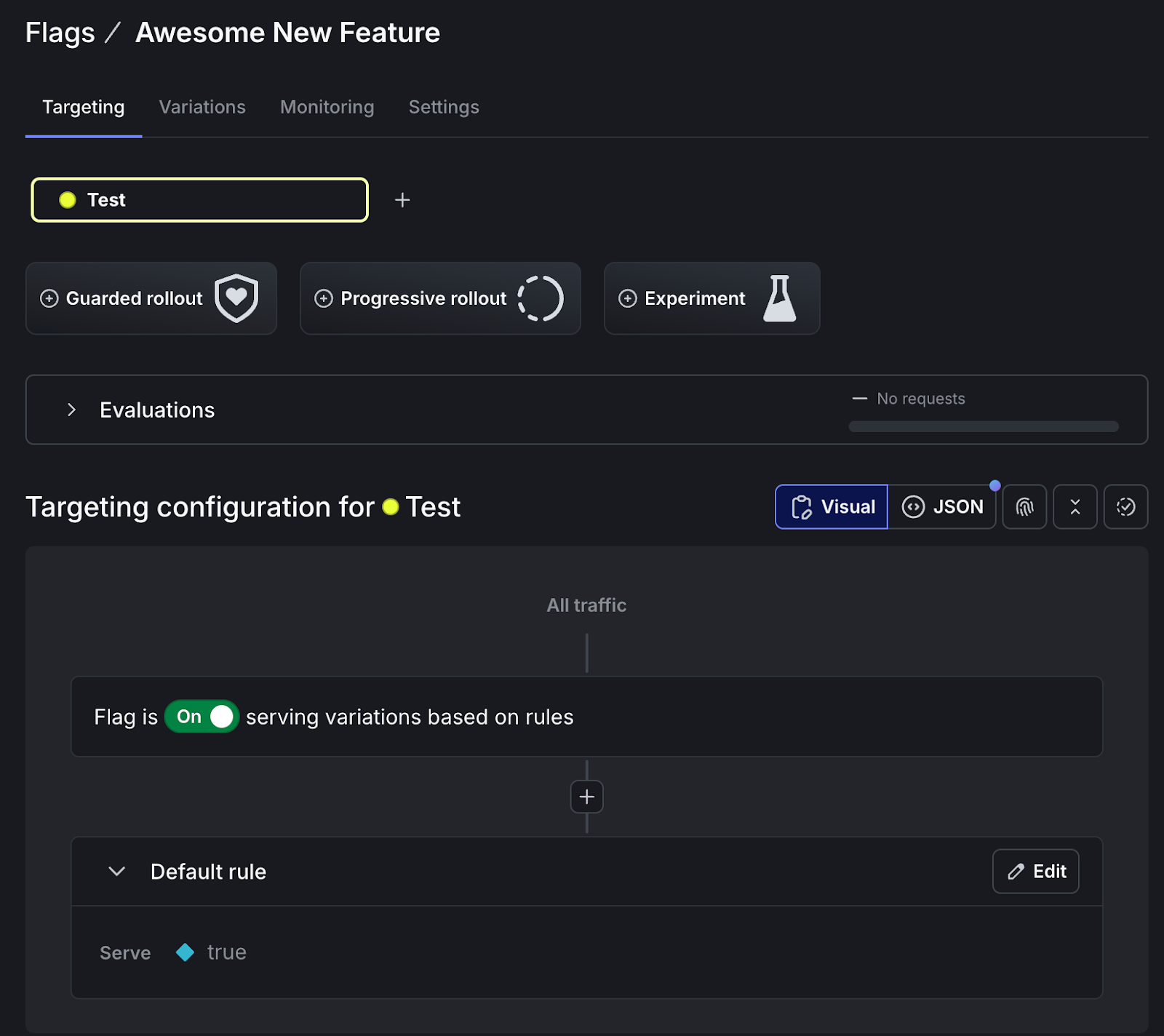 Flag configuration in the LaunchDarkly UI. The flag is On, serving true to all users in the Test environment.